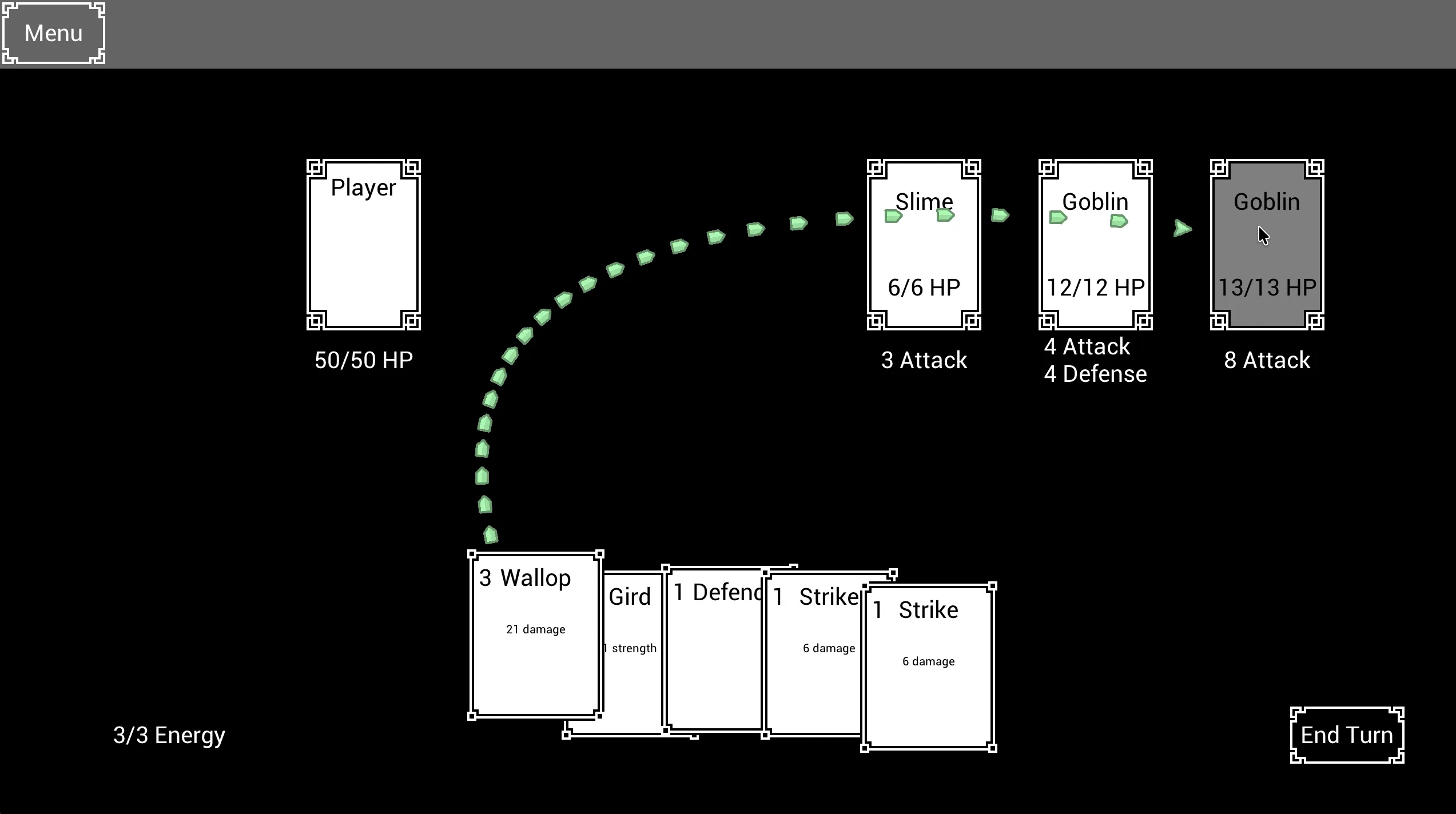 A WIP roguelike card game. The player is selecting a card named “Wallop” and hovering it over an enemy Goblin