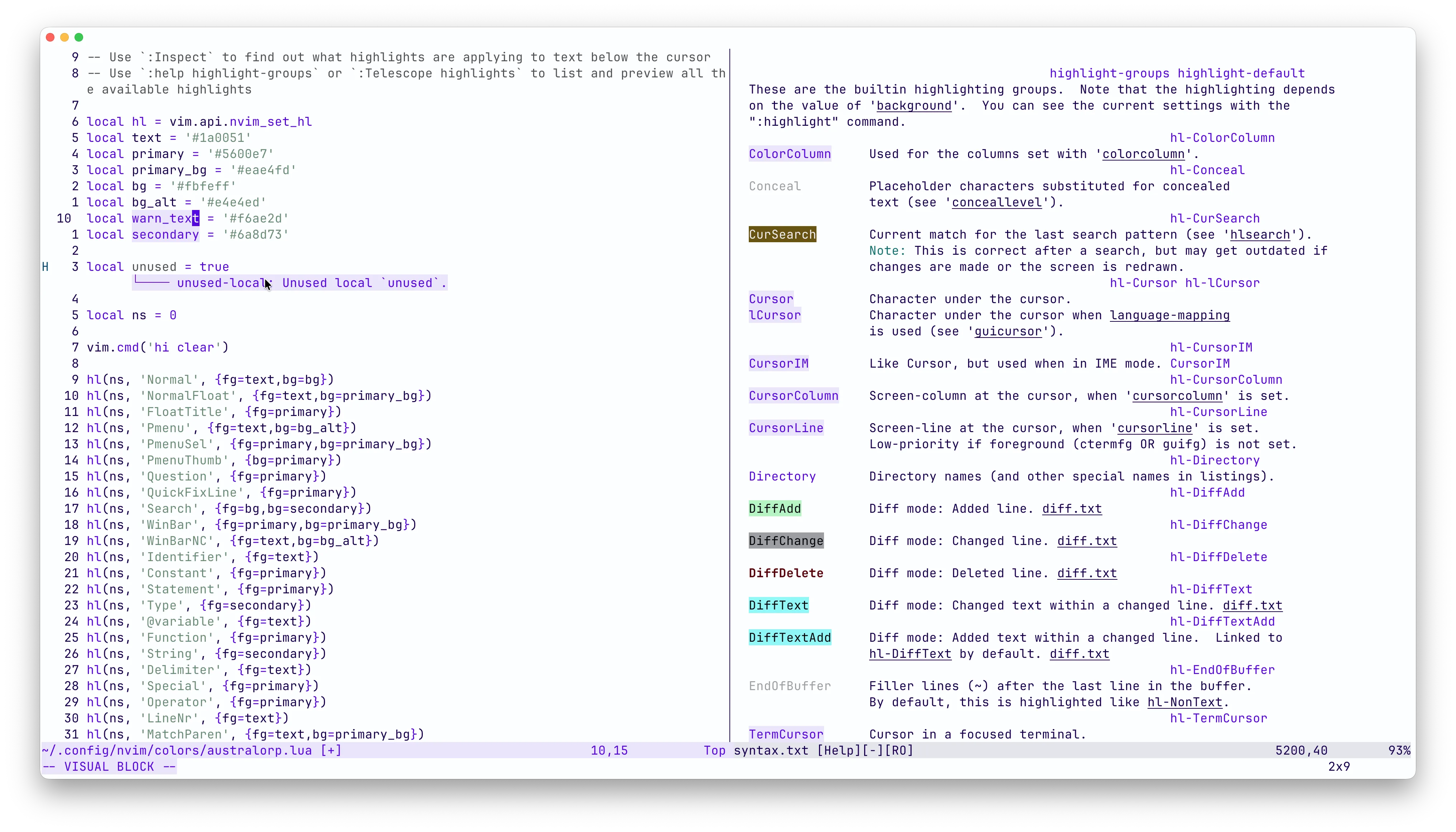 NeoVim with the custom color scheme enabled. There are two windows open: the left window has the color scheme open, and the other has the highlight-groups help section open