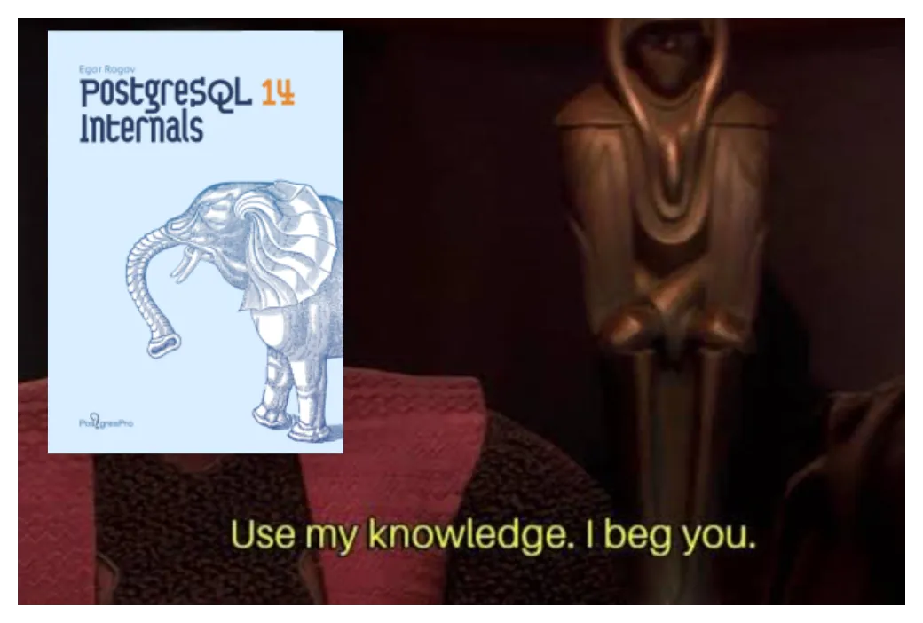 The cover of PostgreSQL 14 Internals saying “Use my knowledge. I beg you.”