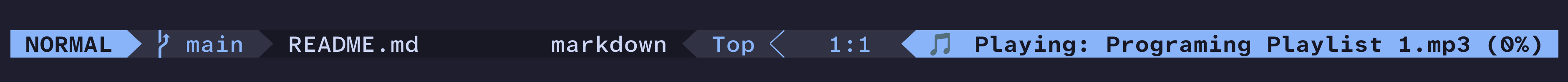 "My NeoVim status line with a section that reads: \"Playing: Programming Playlist 1.mp3 (0%)\""