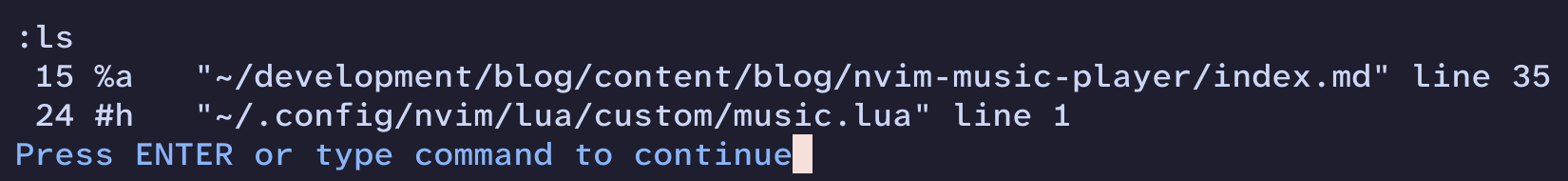Running :ls in NeoVim and getting a list of two open buffers